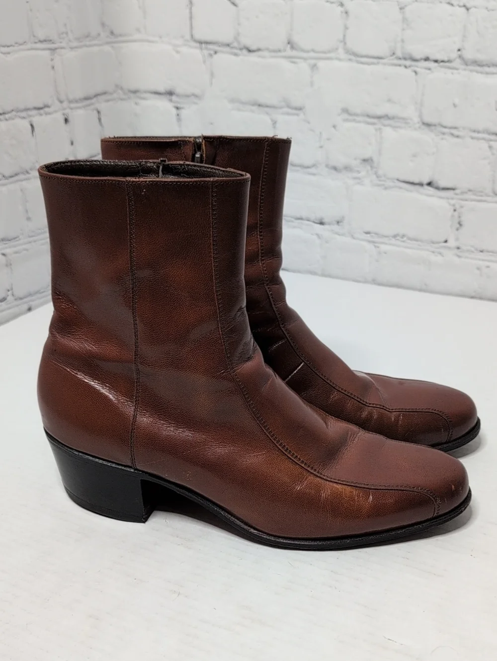 Florsheim Duke Leather Side Zip Bike Toe Ankle Boots Brown